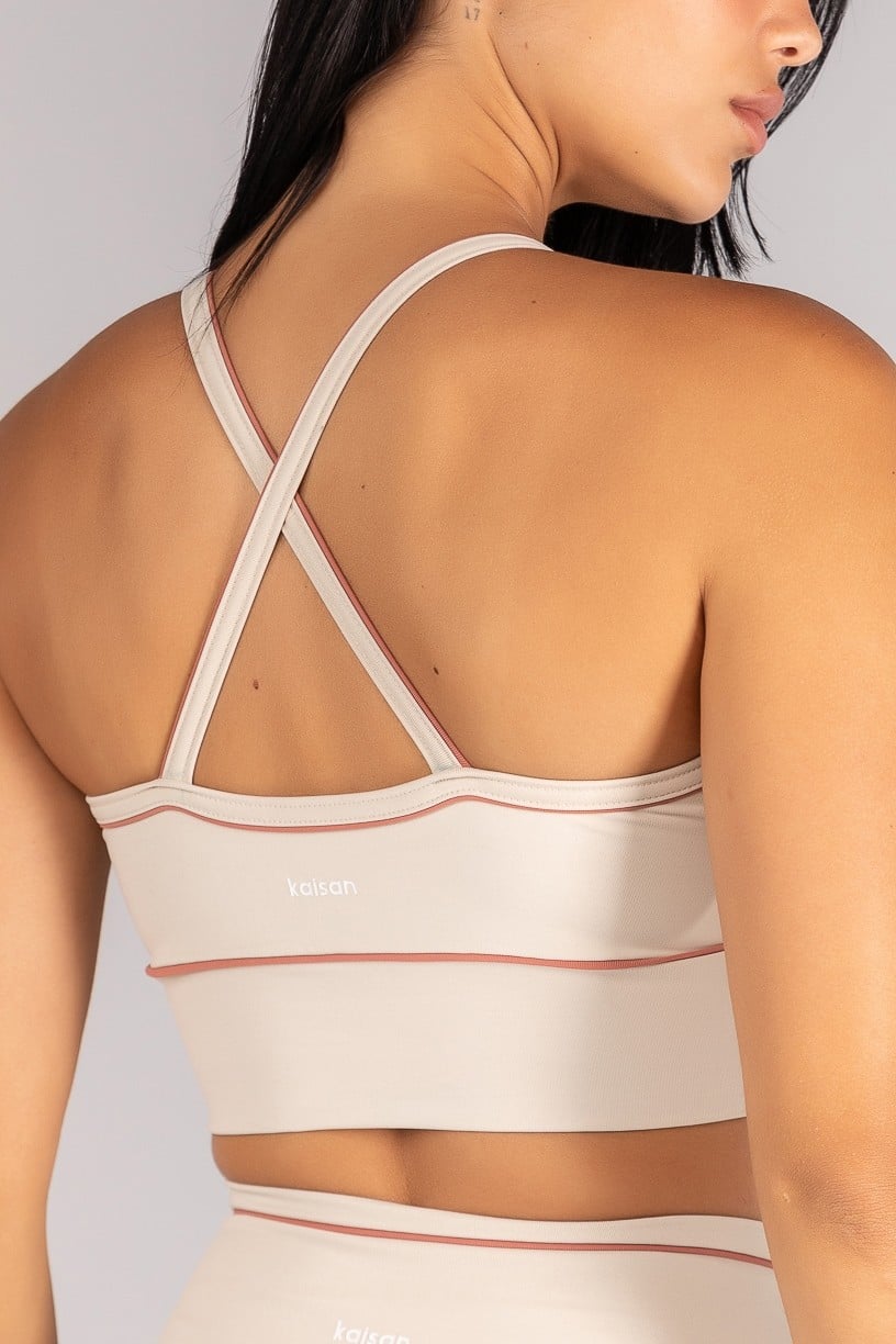 [CONJUNTO] Top + Calça Legging com Cós Transpassado e Vivo Contrastante (Off-White / Telha) | Ref: K4686-A